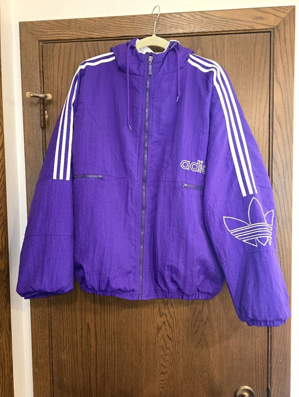 adidas Vintage Purple Hooded Trefoil Crinkle Puff Jacket White Stripes size XL